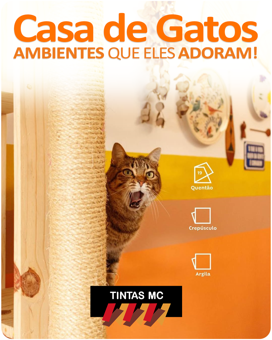 Casa de Gatos – Como criar ambientes com cores que eles adoram? - Cores: Quentão, Crepúsculo, Argila, Branco Gelo, Acelga, Branco Neve, Roda Gigante, Terra da Garoa, Licor de Cassis e Duna